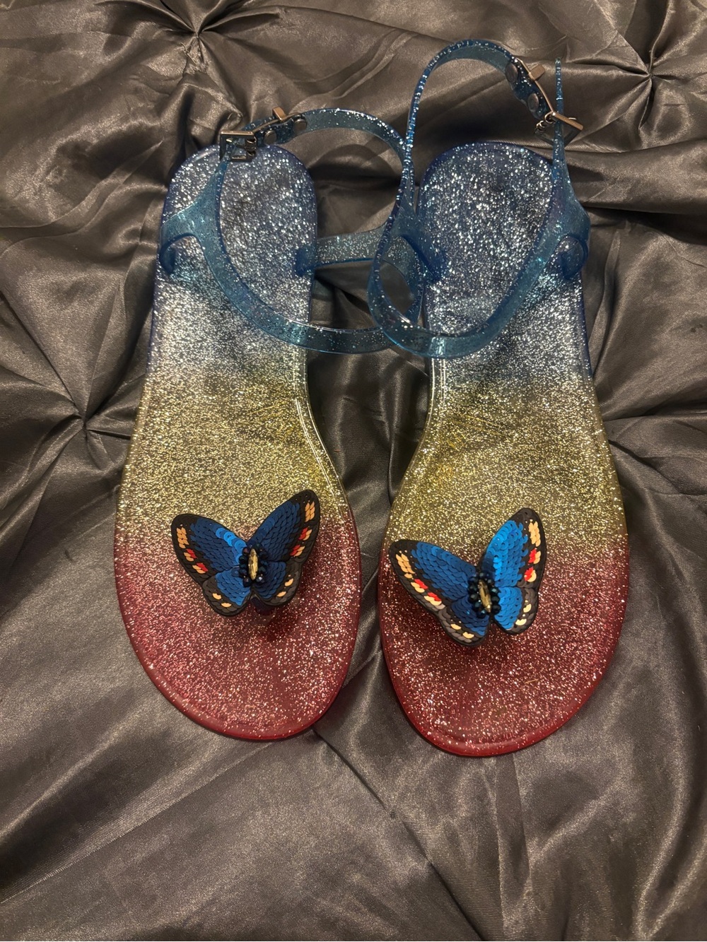 Betsey Johnson Glitter Ombre Jelly Sandals with Blue Butterfly Accents